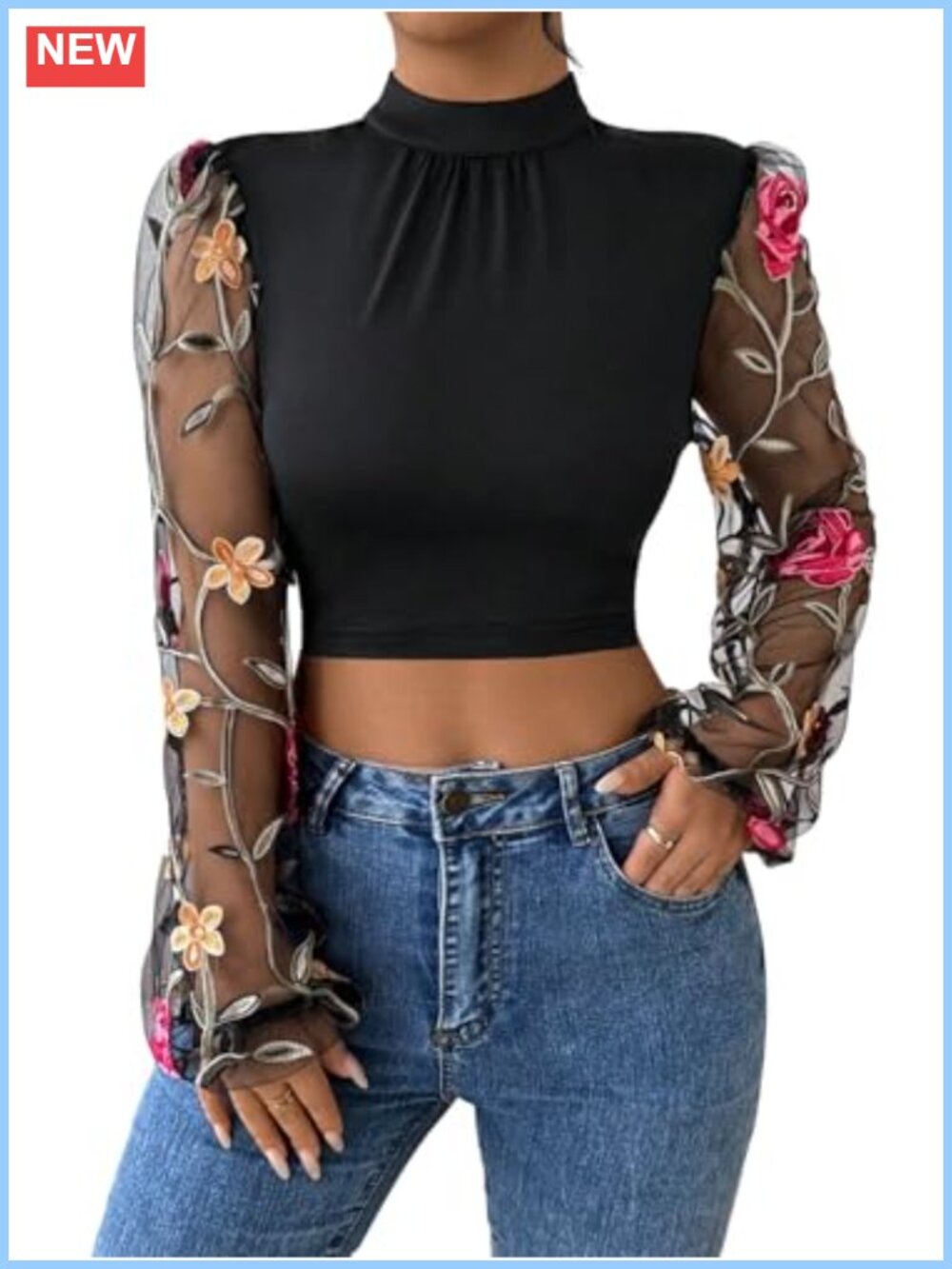 Sheer Mesh Floral Embroidered Mock Neck Crop Top